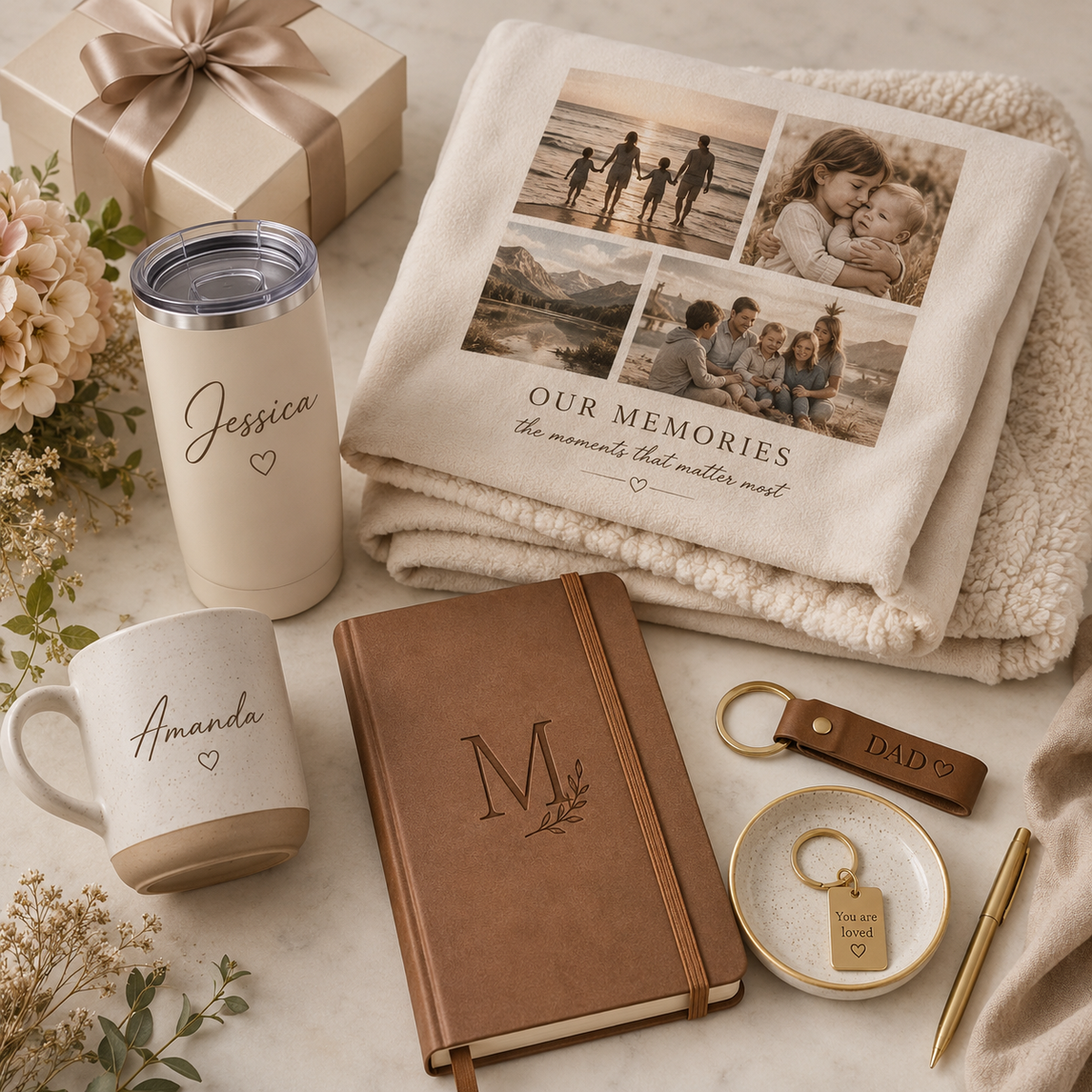 Personalized gift collection with custom blanket, tumbler, mug, journal, and keepsake accessories in warm neutral colors