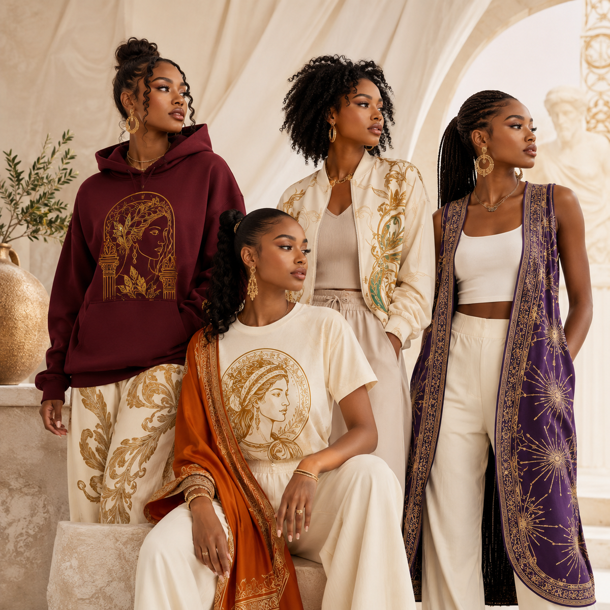 Afro-Luxe apparel collection image featuring women wearing statement hoodies, tees, jackets, vests, and layered fashion pieces with gold ornamentation, jewel tones, cream neutrals, and art-history inspired details.