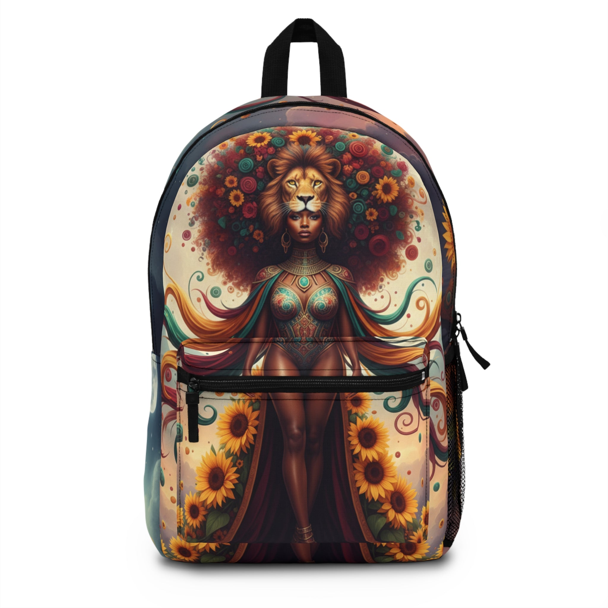 Lioness Goddess Backpack Boho Afro-Fantasy Art Backpack with Sunflower Motif