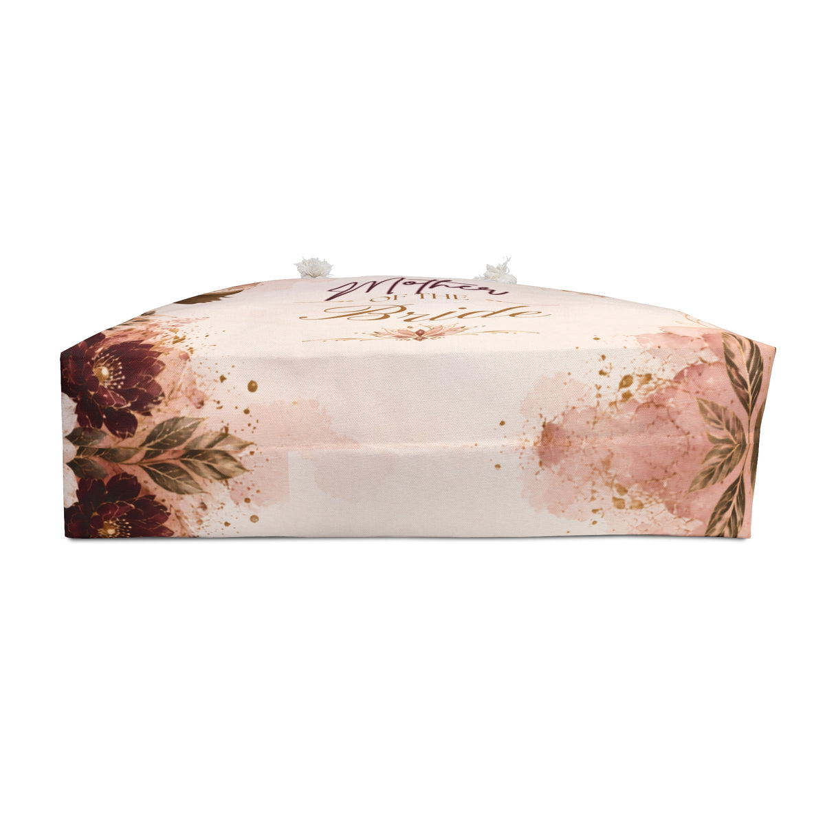 Bottom view of Mother of the Bride weekender bag showing floral print and structured T-bottom