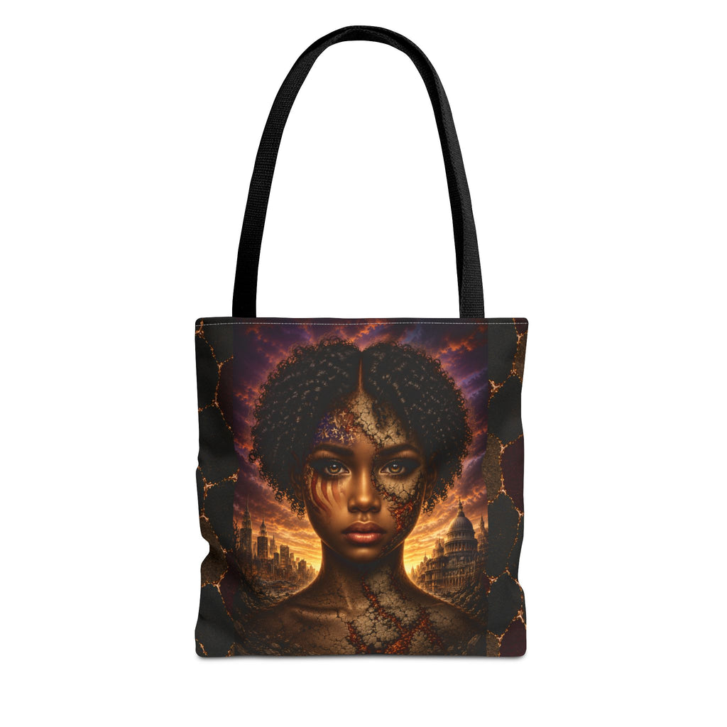 Gilded Legacy Afro-Luxe tote clean product view with black handles and Byzantine-inspired African portrait artwork