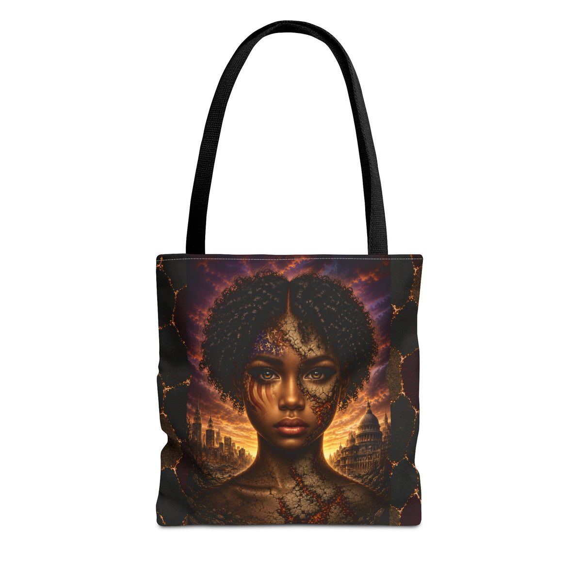 Gilded Legacy Afro-Luxe tote clean product view with black handles and Byzantine-inspired African portrait artwork