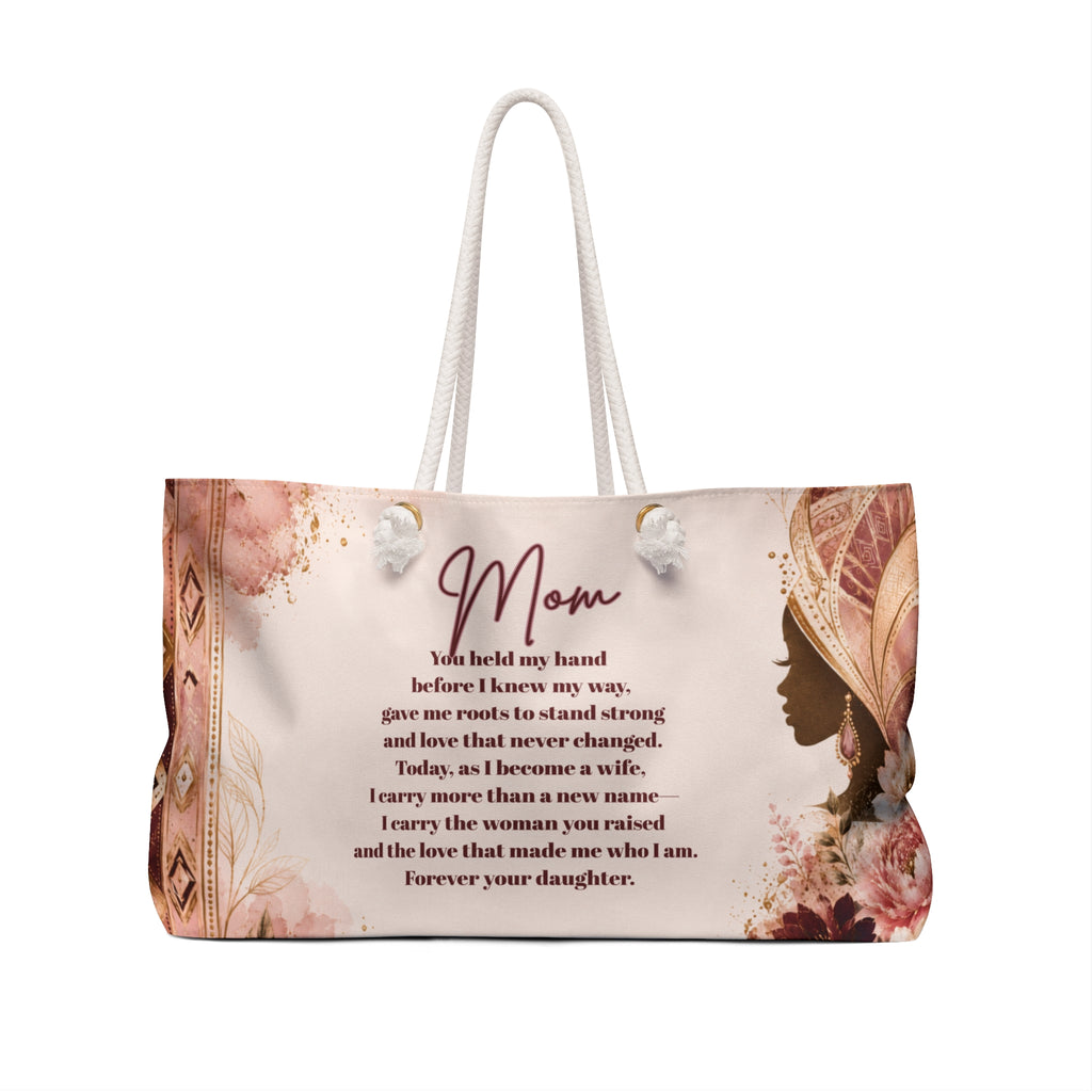 Mother of the Bride weekender bag reverse side with heartfelt daughter-to-mother wedding poem