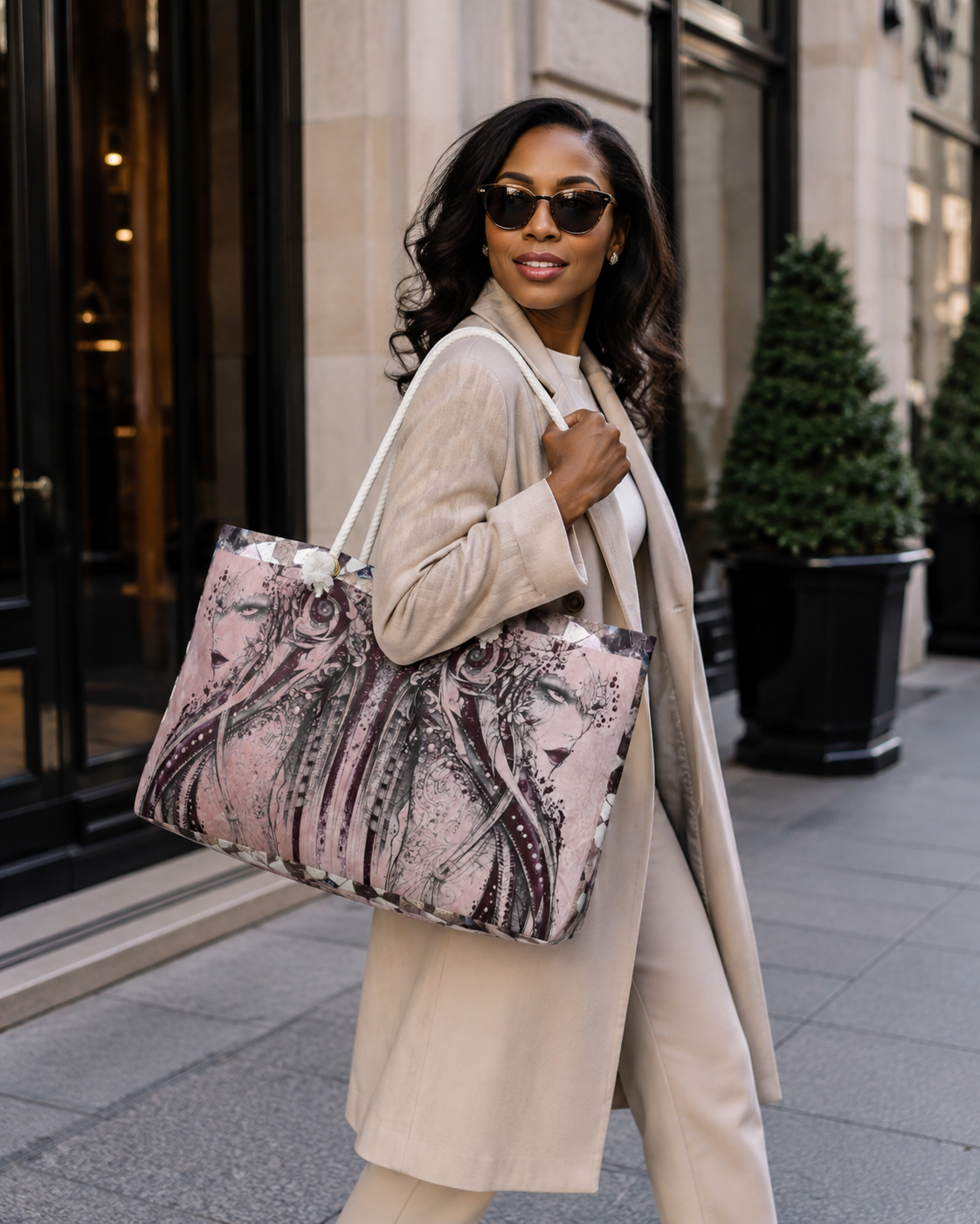African American woman wearing sunglasses and a cream coat carrying a large Byzantine-inspired weekender bag with mirrored portrait artwork in soft pink, plum, charcoal, and mosaic tones on a city street.
