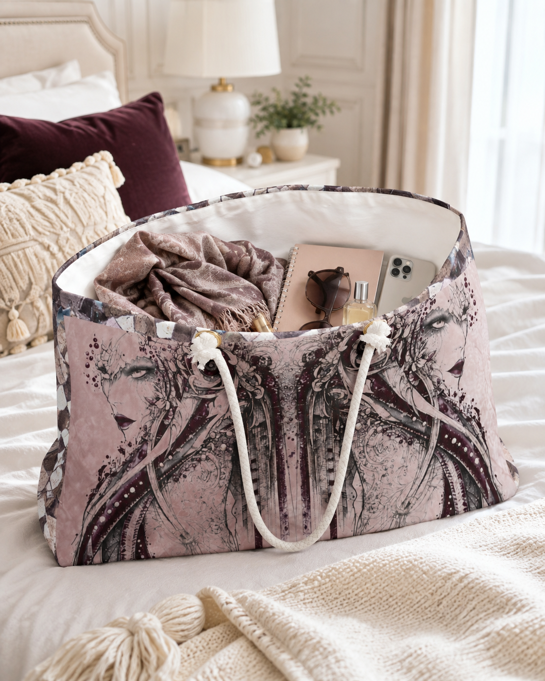 Large Byzantine-inspired weekender bag sitting open on a bed, filled with everyday items, showing mirrored portrait artwork in soft pink, plum, charcoal, and mosaic tones with white rope handles.