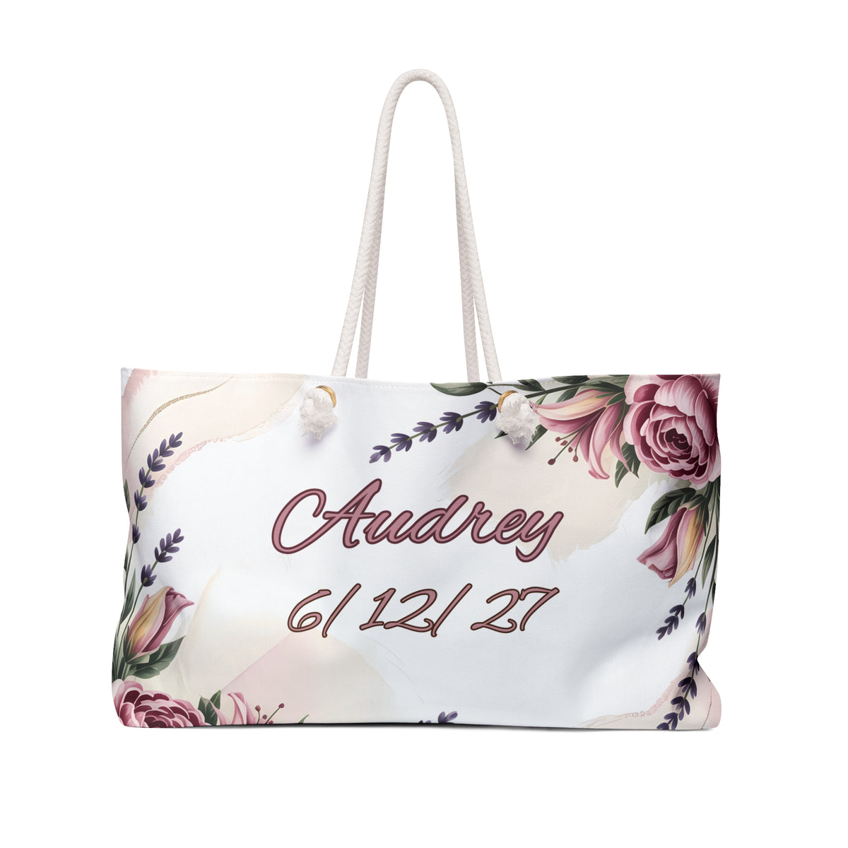 Personalized bridal weekender bag with custom name Audrey and wedding date