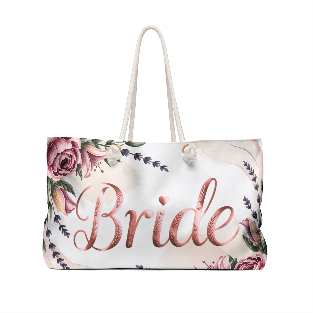 Personalized floral bride weekender bag with Bride script