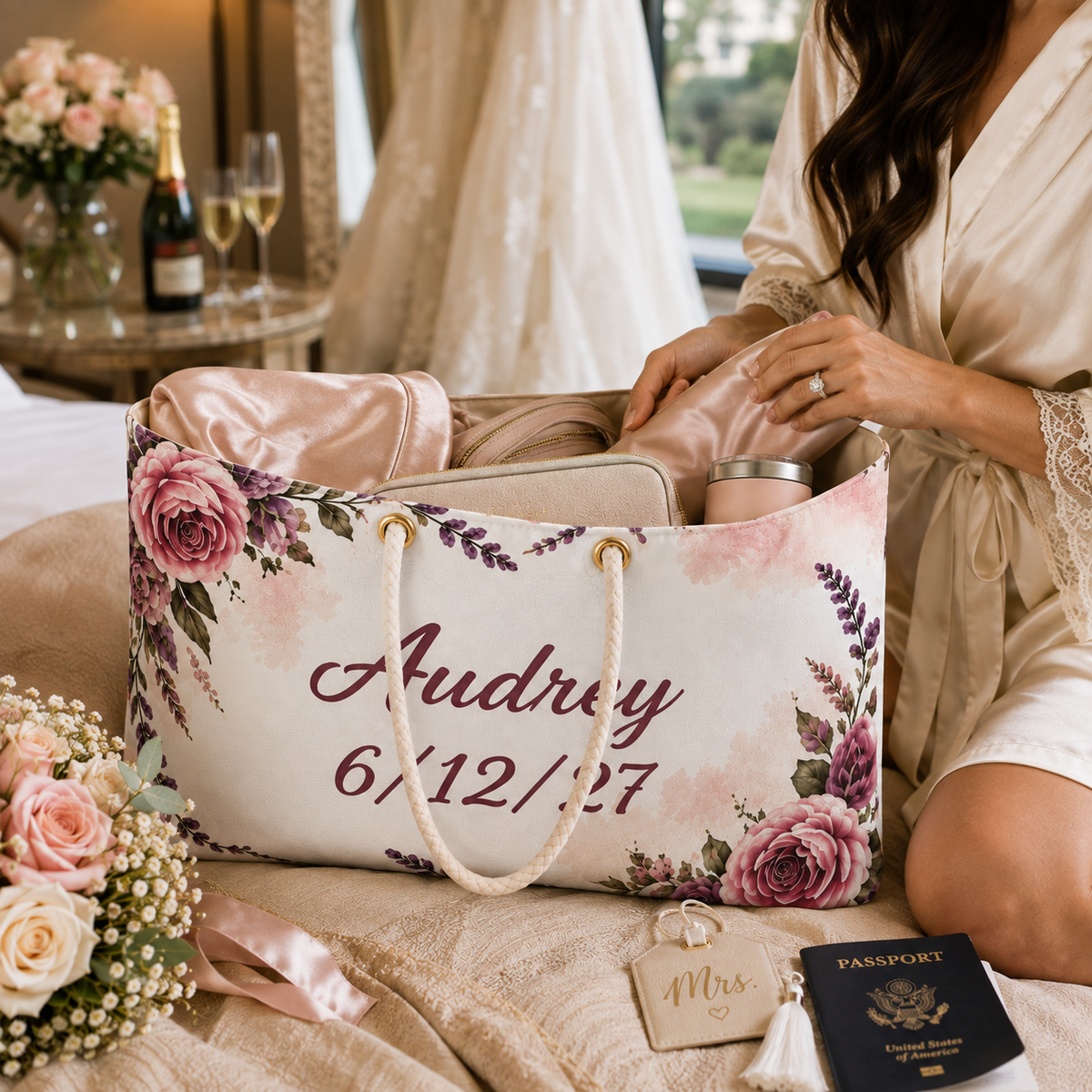 Personalized bride weekender bag with custom name and date in bridal hotel setting