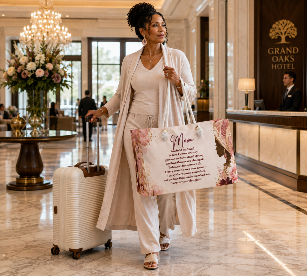 Mother of the Bride carrying sentimental weekender bag through an elegant hotel during wedding weekend