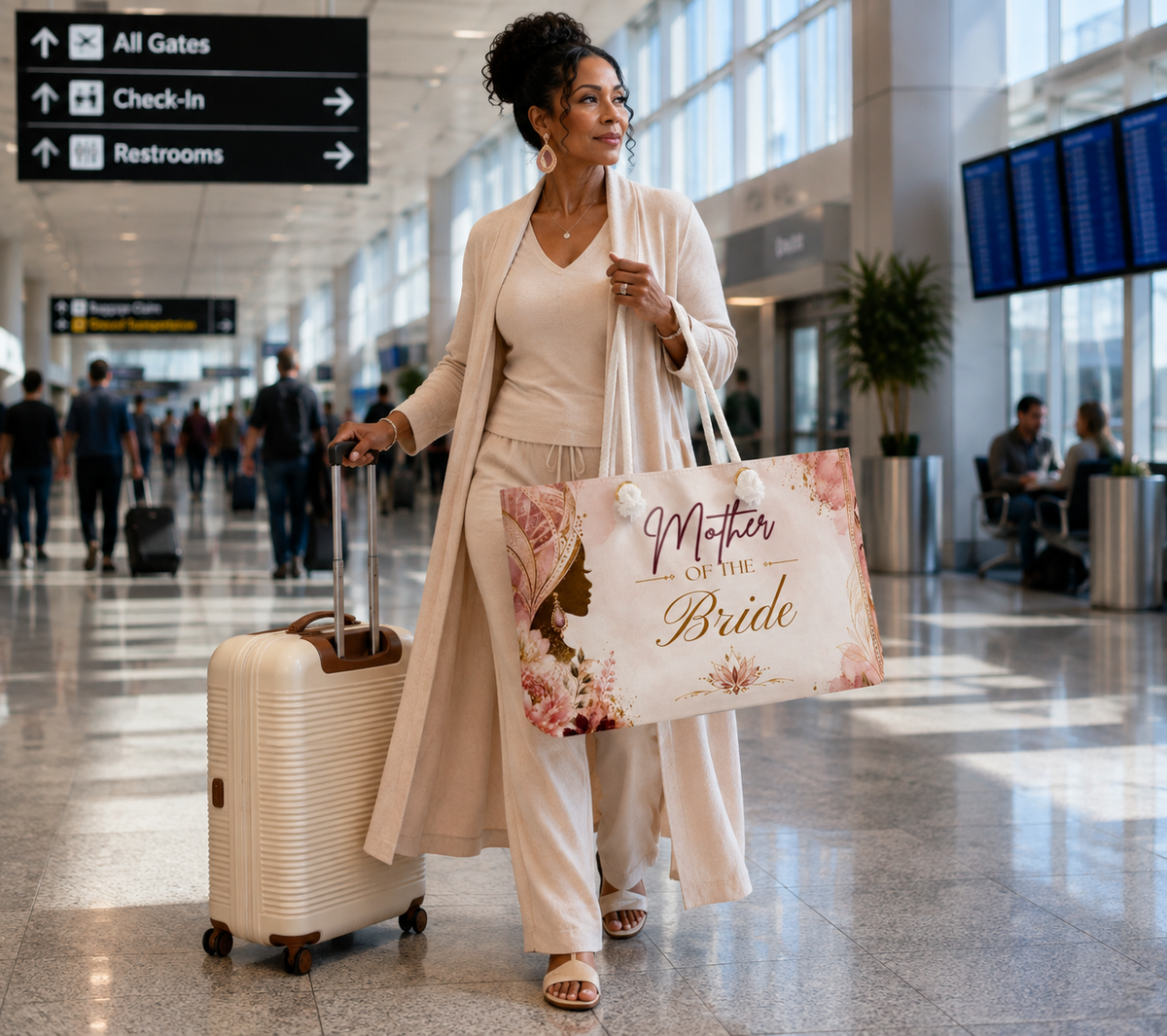 Mother of the Bride carrying floral weekender bag through airport with rolling luggage