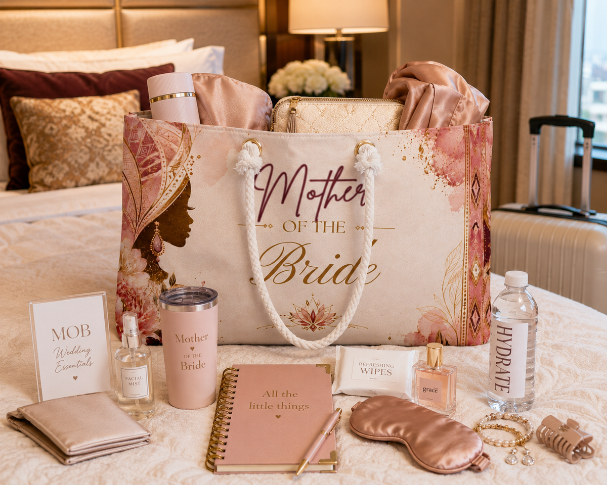 Mother of the Bride weekender bag styled with wedding weekend and travel essentials