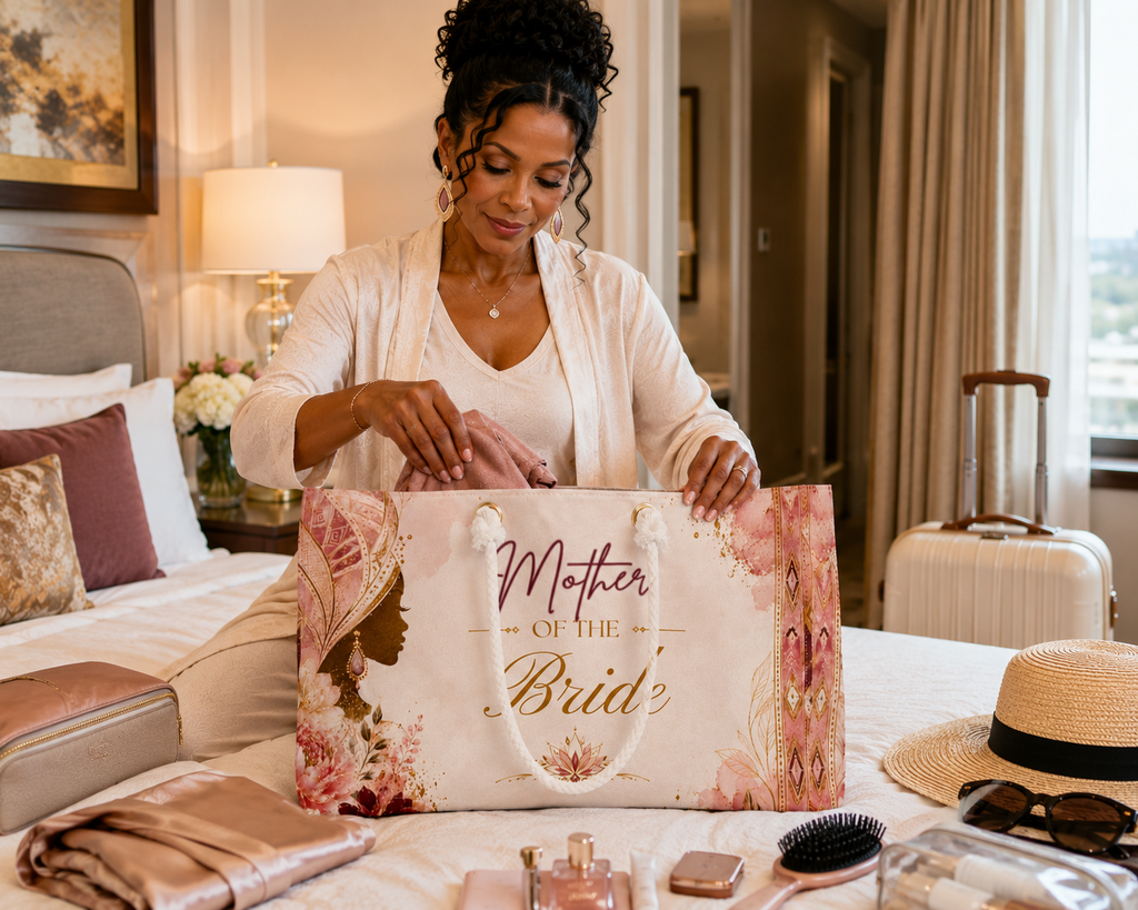 Mother of the Bride packing floral weekender bag with wedding essentials in hotel room