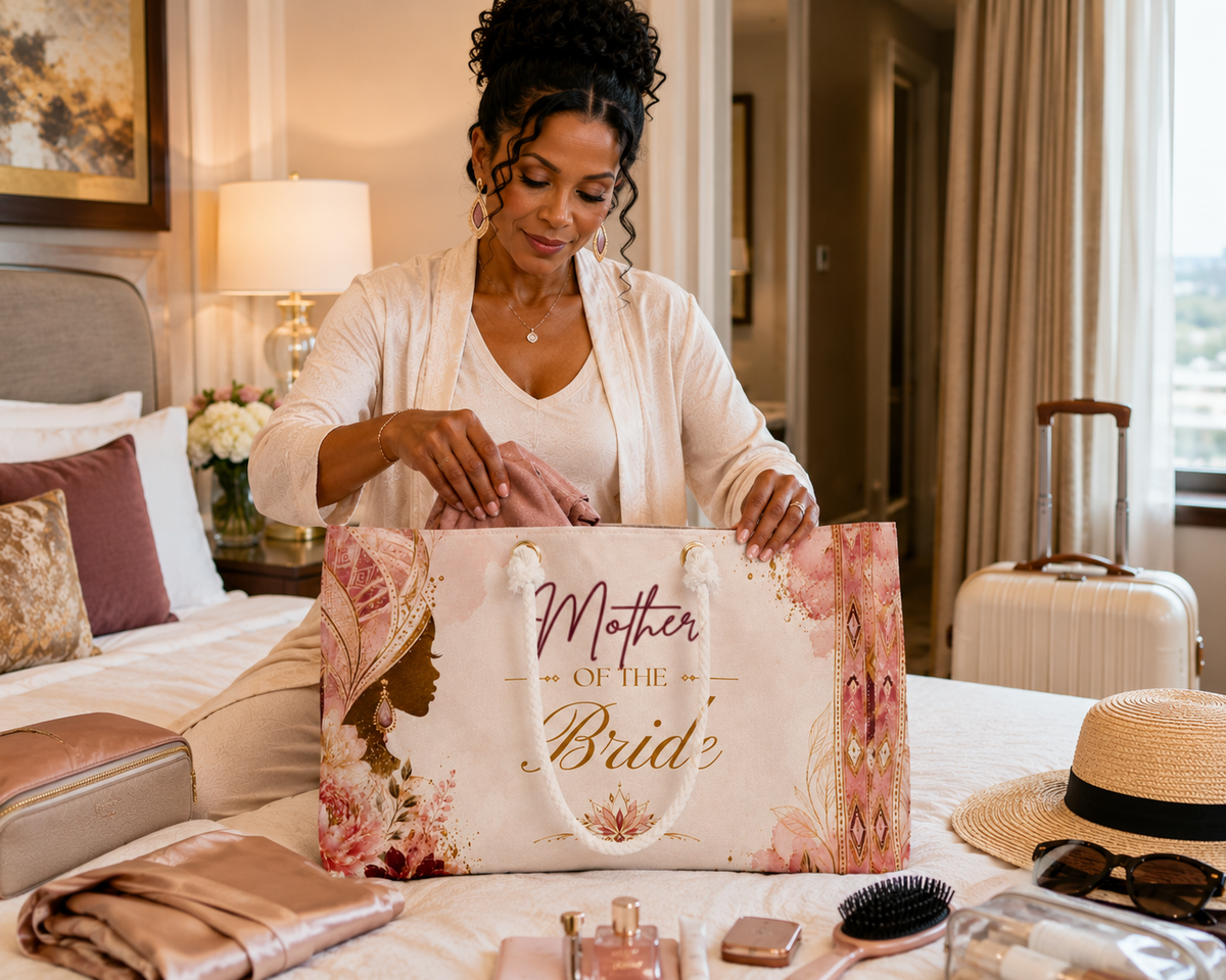 Mother of the Bride packing floral weekender bag with wedding essentials in hotel room