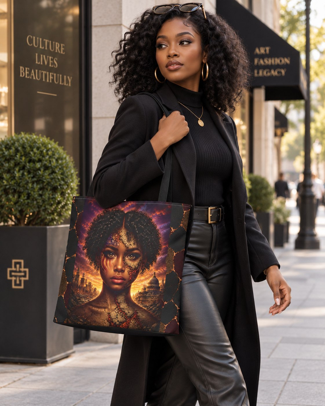 African American woman styling the Gilded Legacy Afro-Luxe portrait tote with an all-black city outfit