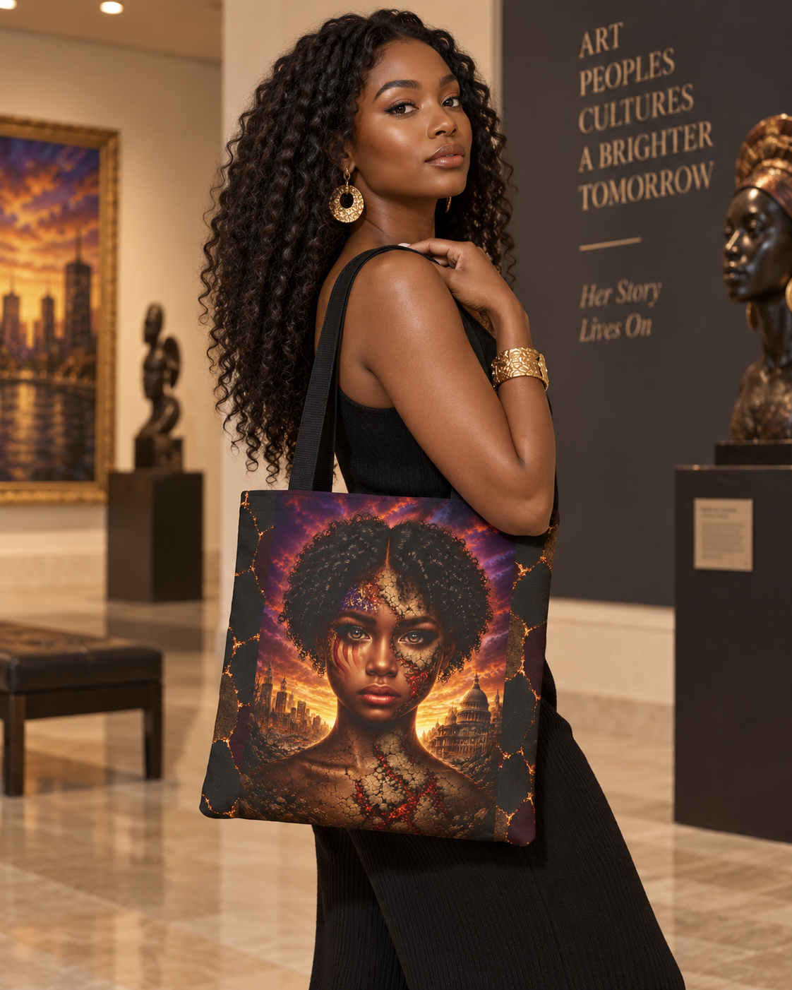 African American woman carrying the Gilded Legacy Afro-Luxe tote with portrait artwork in an elegant museum setting