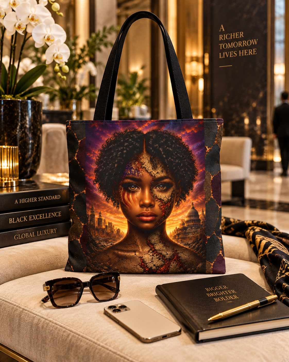 Gilded Legacy Afro-Luxe portrait tote displayed in a luxury interior with coordinated black and gold accessories