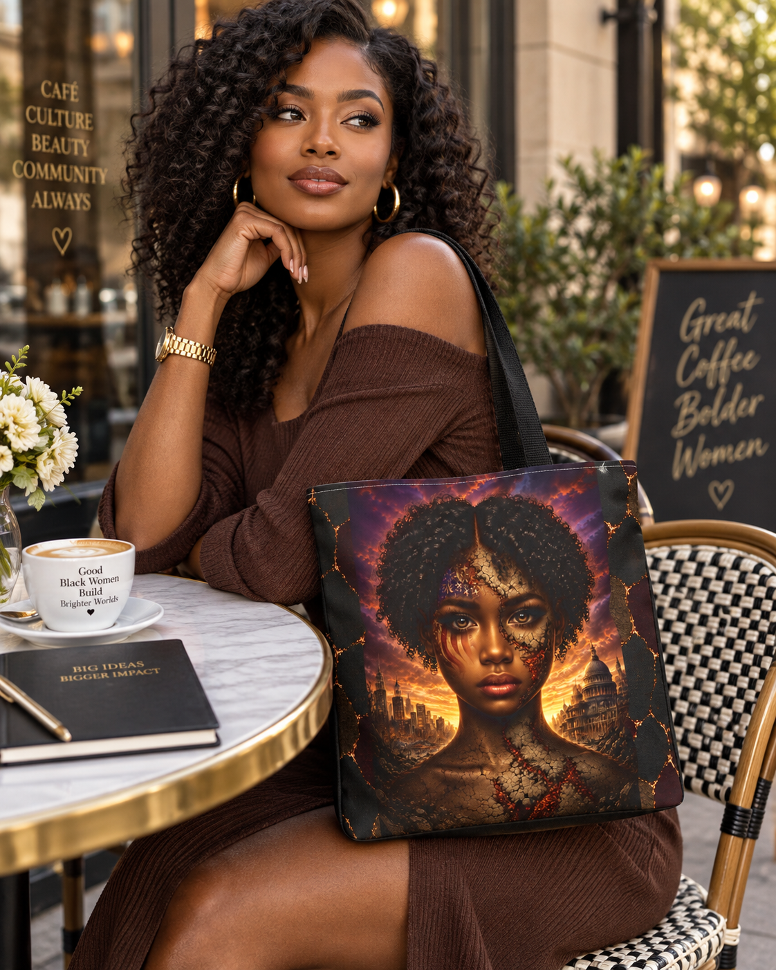 Gilded Legacy Afro-Luxe tote with African portrait artwork styled by an African American woman at an outdoor café