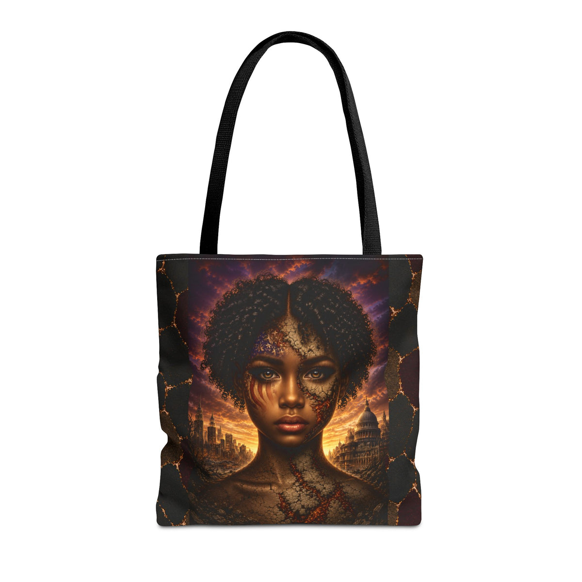 Gilded Legacy Afro-Luxe tote clean product view featuring rich garnet, bronze and gold African portrait artwork