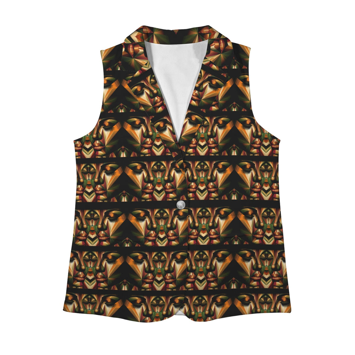 Empire Essence sleeveless women's vest with geometric portrait print in black, gold, amber, copper and deep olive.