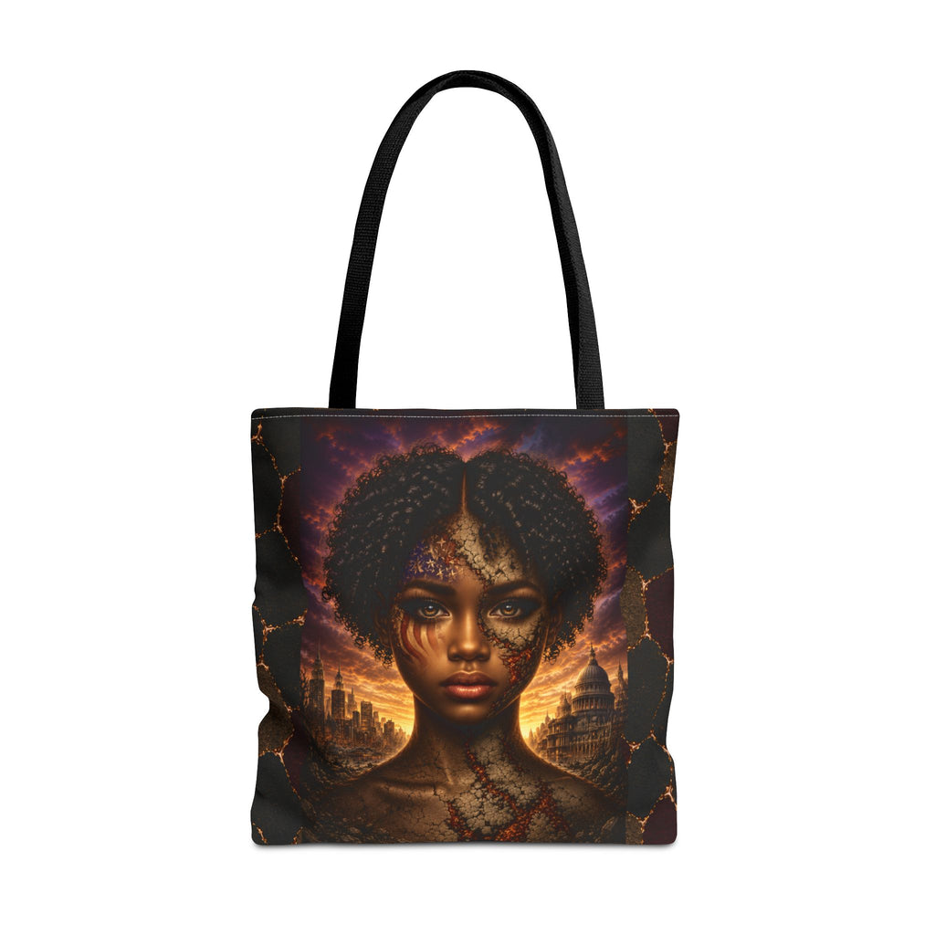 Gilded Legacy Afro-Luxe tote clean product view with black handles and statement African portrait design