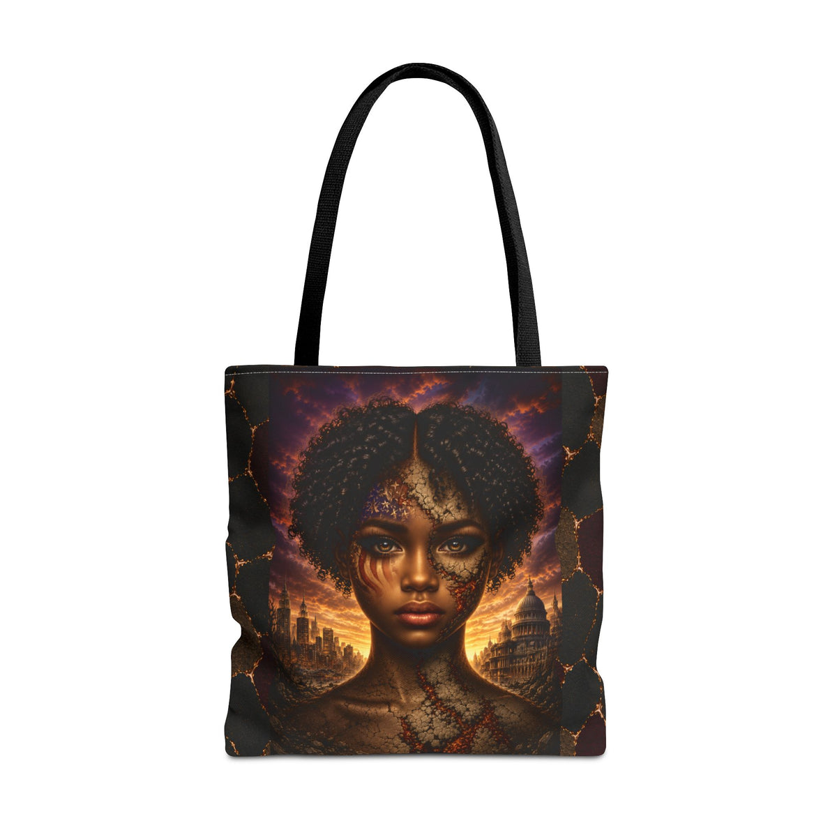 Gilded Legacy Afro-Luxe tote clean product view with black handles and statement African portrait design