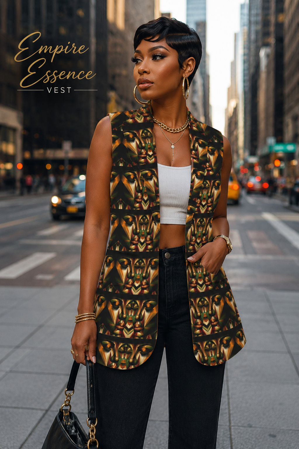 A woman stands on a city street wearing an Empire Essence vest with a bold black, gold, and brown pattern over a white crop top and black pants. The Empire Essence brand logo is visible in the top left corner.