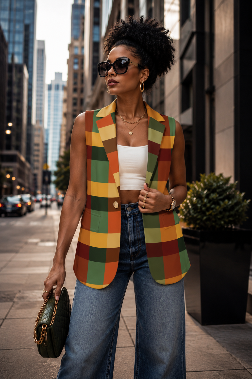 African American woman wearing the Harvest Legacy geometric color-block vest with jeans on a metropolitan street.