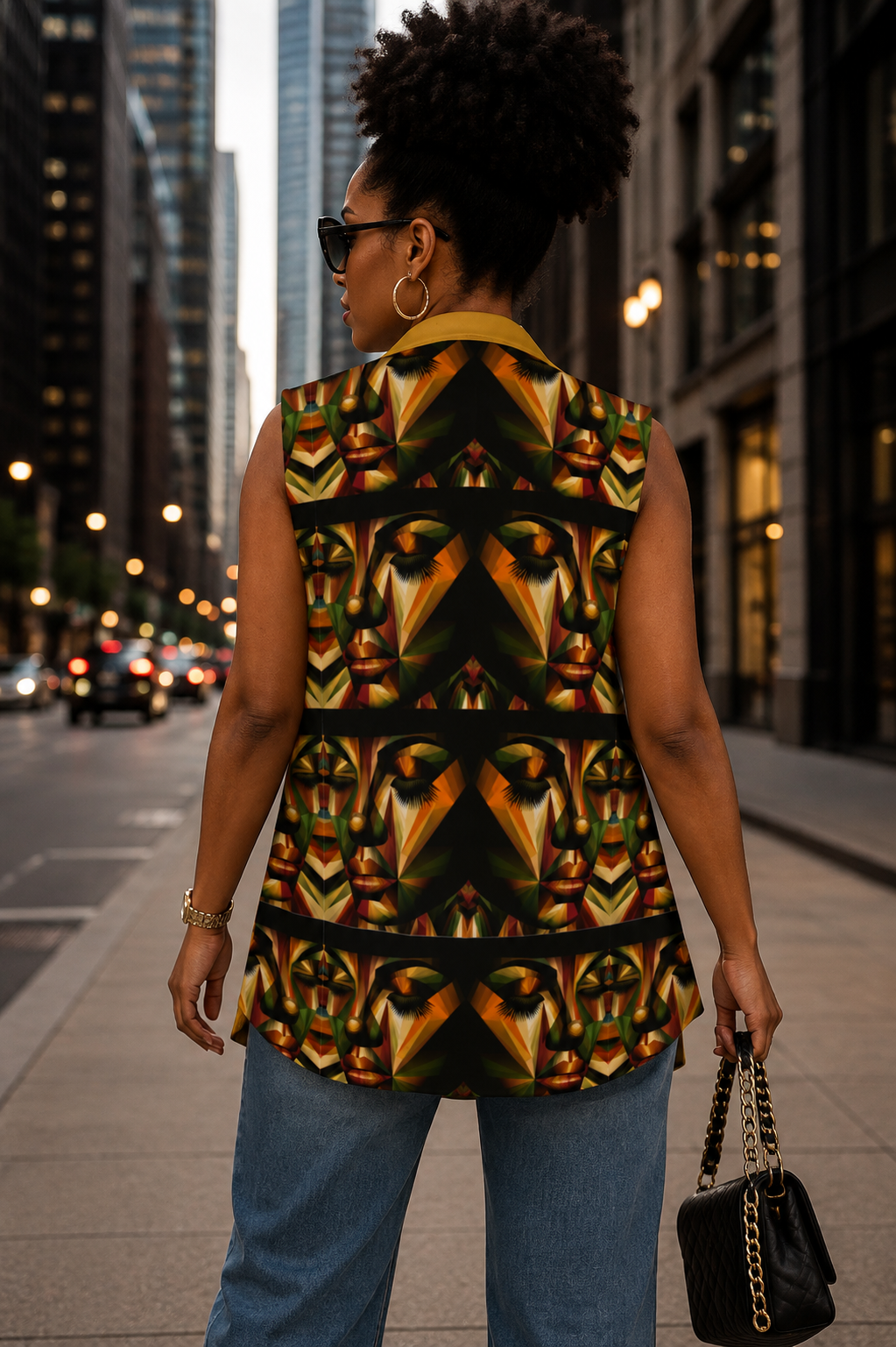 Back view of an African American woman wearing the Harvest Legacy vest with bold autumn geometric artwork on a metropolitan street.