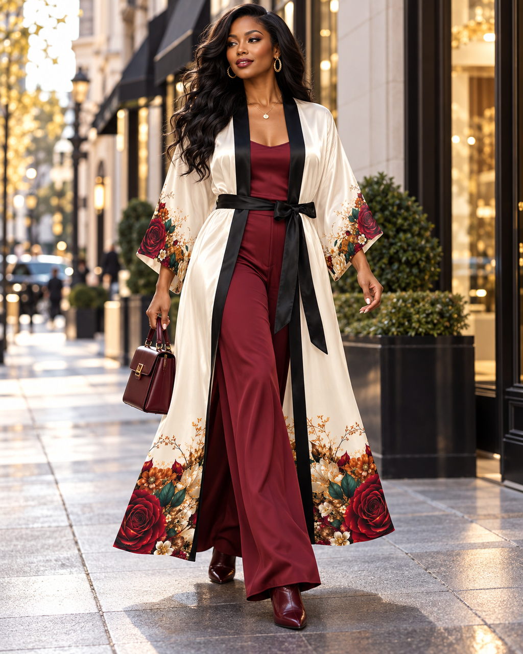 Autumn Bloom Black Long Kimono Robe with Bell Sleeves