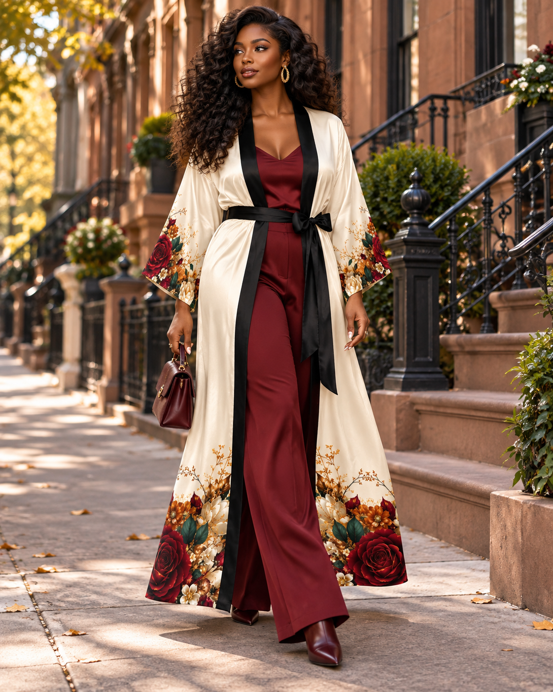 Autumn Bloom Black Long Kimono Robe with Bell Sleeves