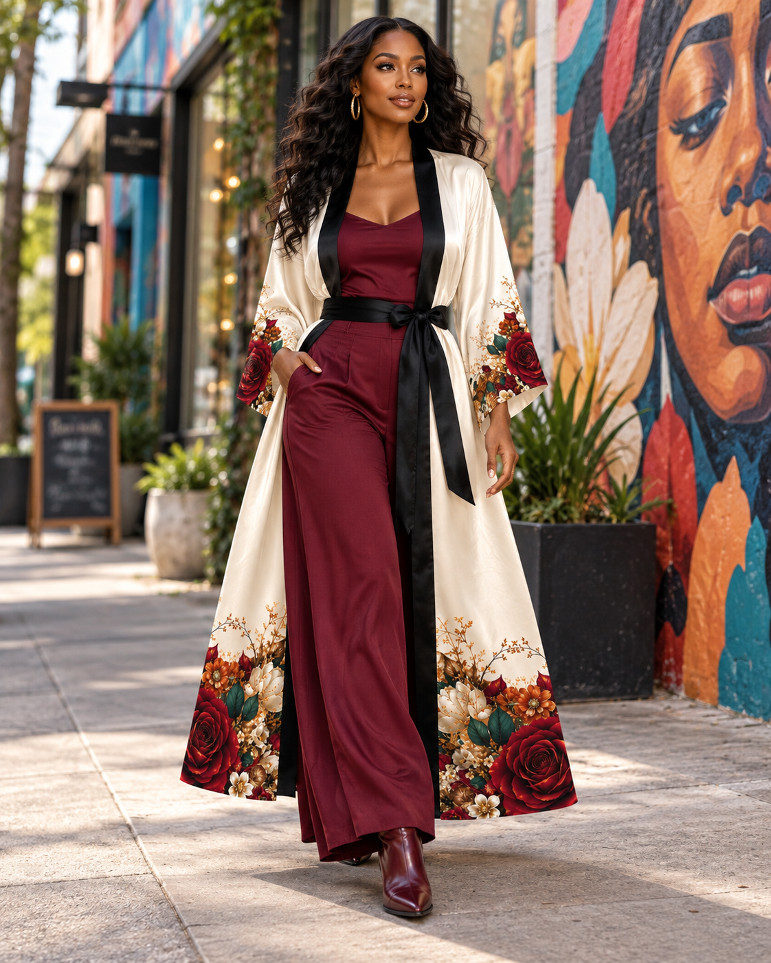 Autumn Bloom Black Long Kimono Robe with Bell Sleeves