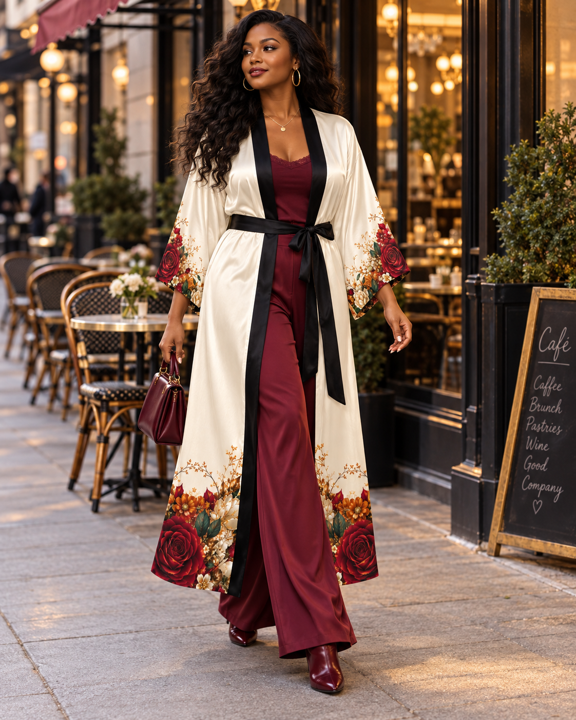 Autumn Bloom Black Long Kimono Robe with Bell Sleeves