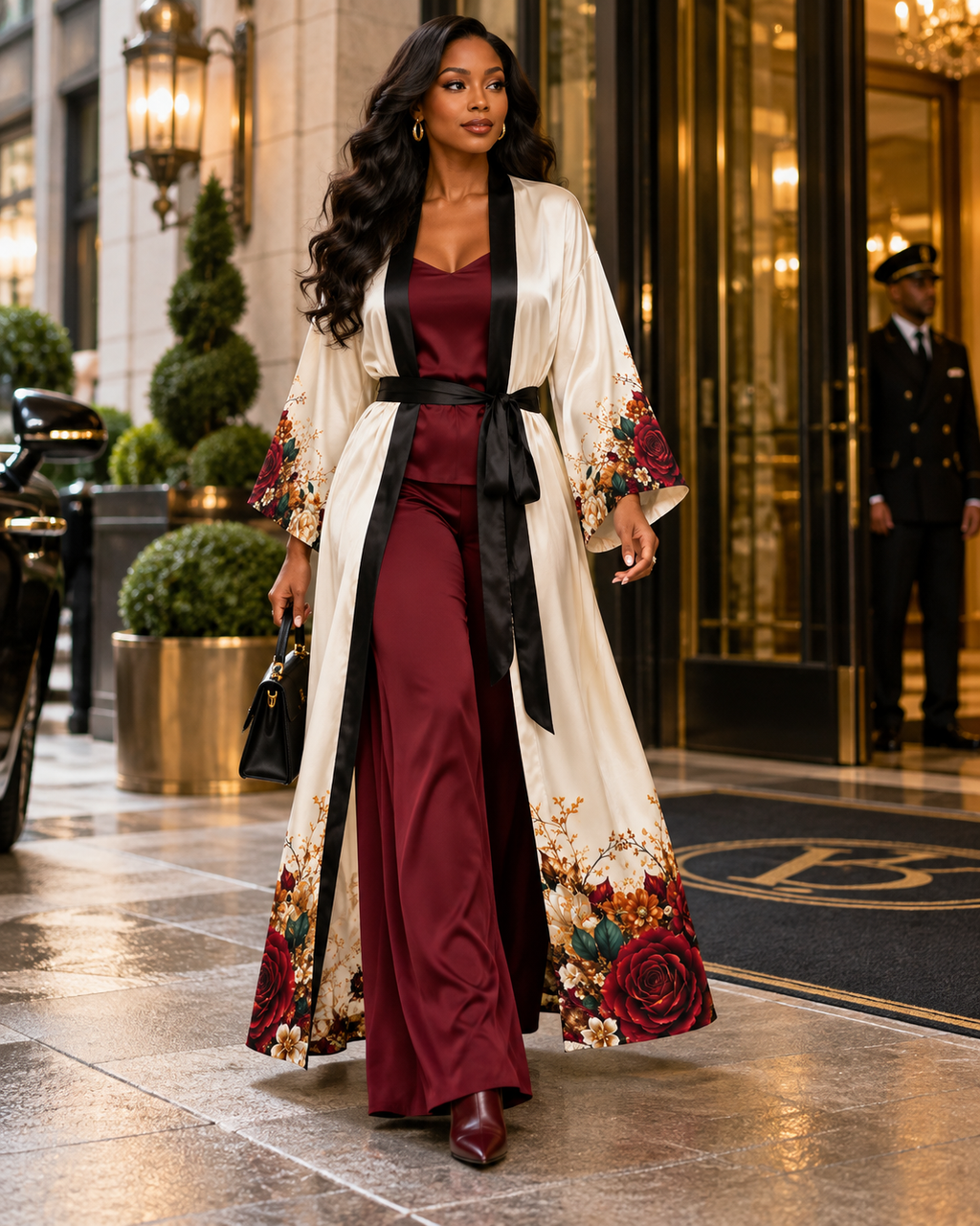 Autumn Bloom Black Long Kimono Robe with Bell Sleeves