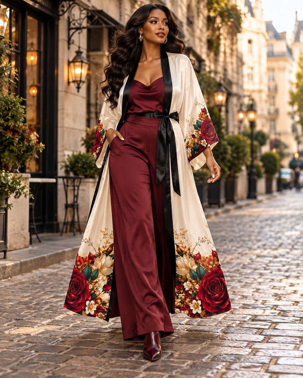 Autumn Bloom Black Long Kimono Robe with Bell Sleeves
