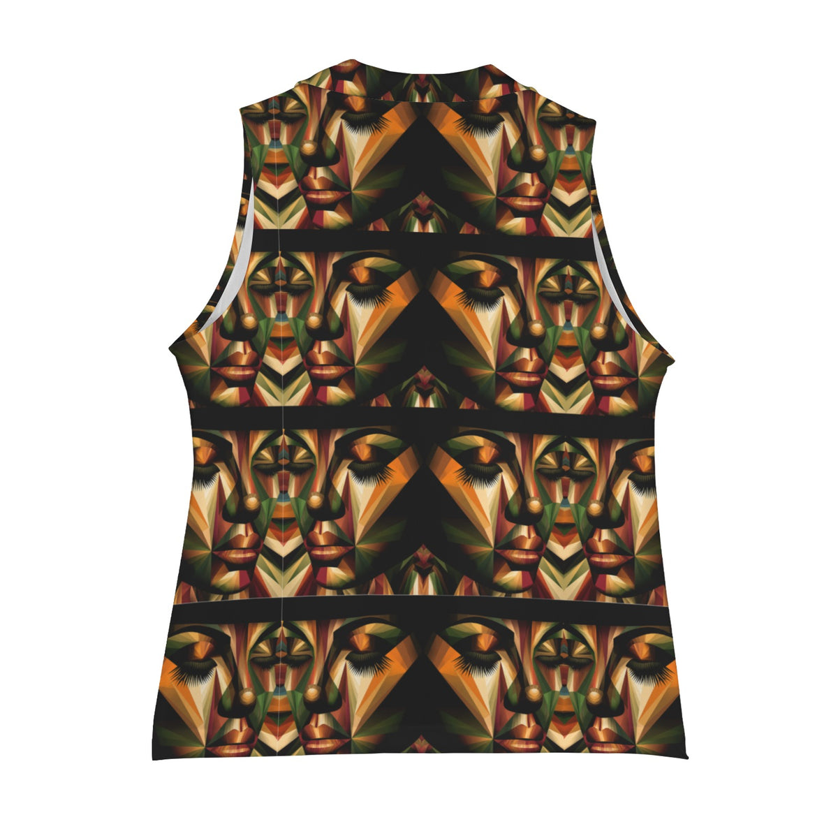 Back view of Empire Essence women's vest featuring bold geometric portrait artwork in black, gold, amber, copper and olive.