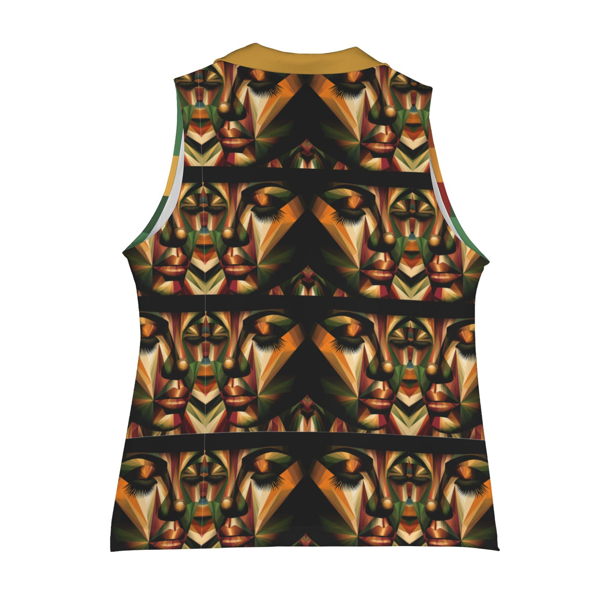 Back view of the Harvest Legacy women's vest featuring an autumn geometric color-block design in rich green, gold, orange, burgundy and brown.