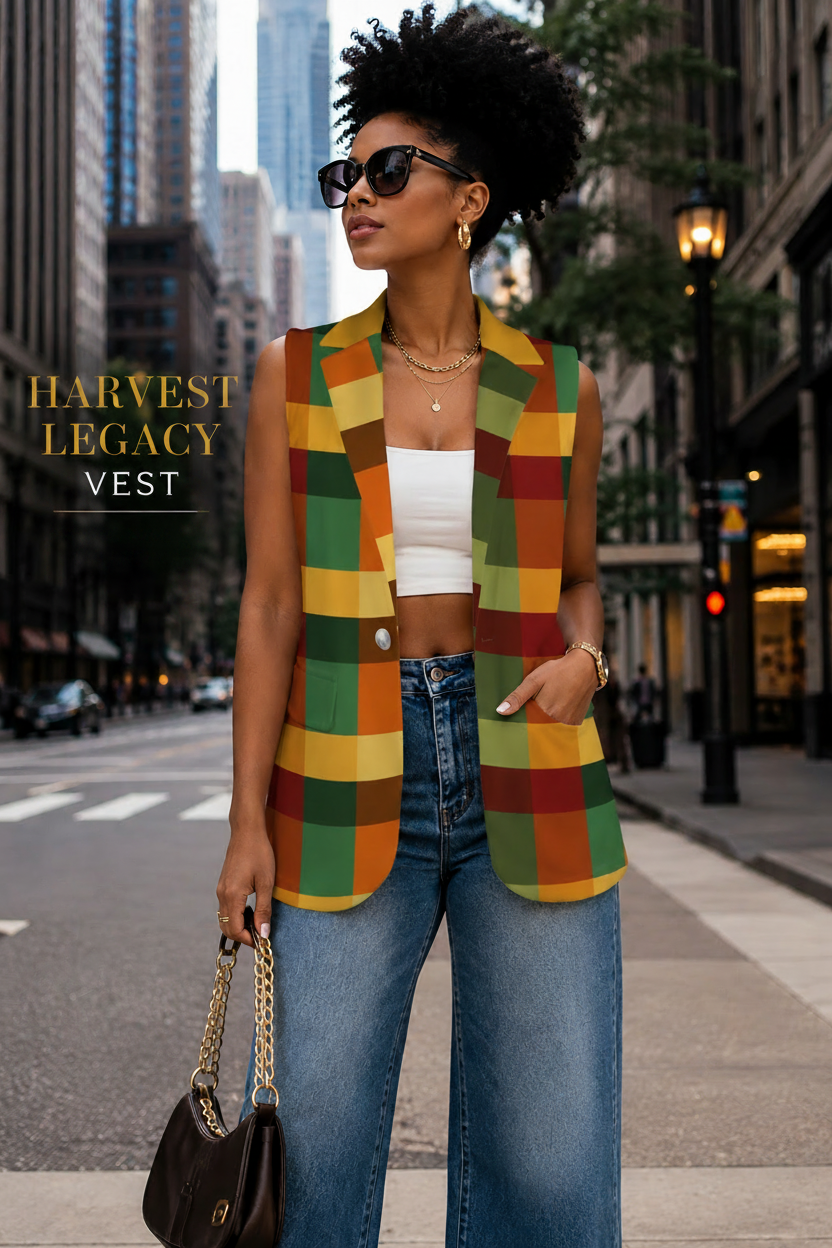 African American woman styled in the Harvest Legacy statement vest from the Autumn Bloom Collection in a modern metropolitan setting.