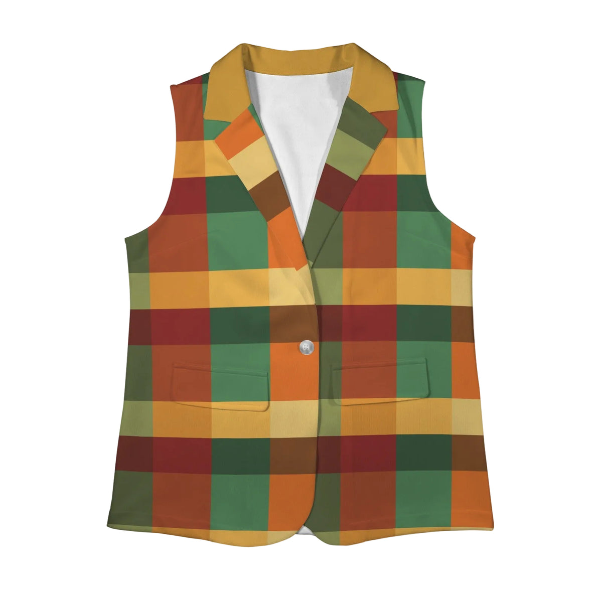 Harvest Legacy sleeveless women's vest featuring bold geometric color blocks in green, mustard, burnt orange, burgundy and brown.